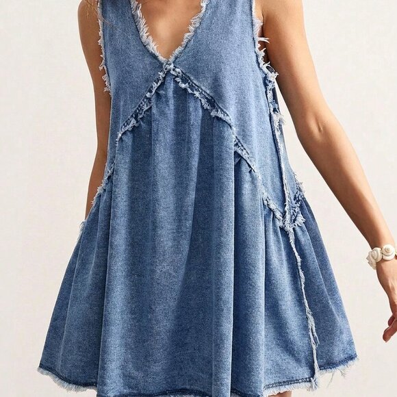 Dresses & Skirts - Light Wash Casual Women's Denim Sleeveless V-Neck Dress